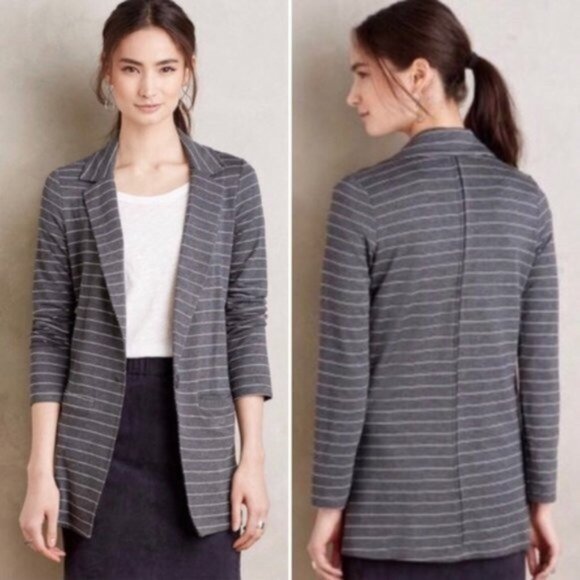 Anthropologie Jacket Blazer Women Size Med Gray-White pinstripe knit Preppy - Picture 2 of 8